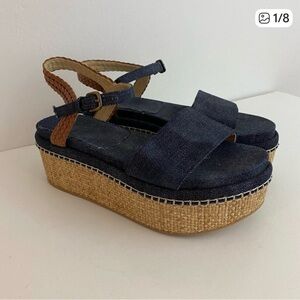 Stuart Weitzman Denim Platform Sandals Womens 6 Braided Ankle Strap